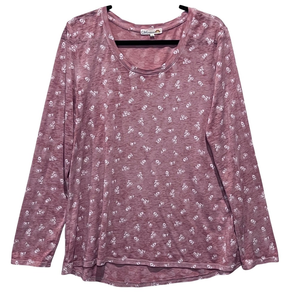 C&C California Long Sleeve Burnout Pink Floral Boho T‎ Shirt Top XL READ